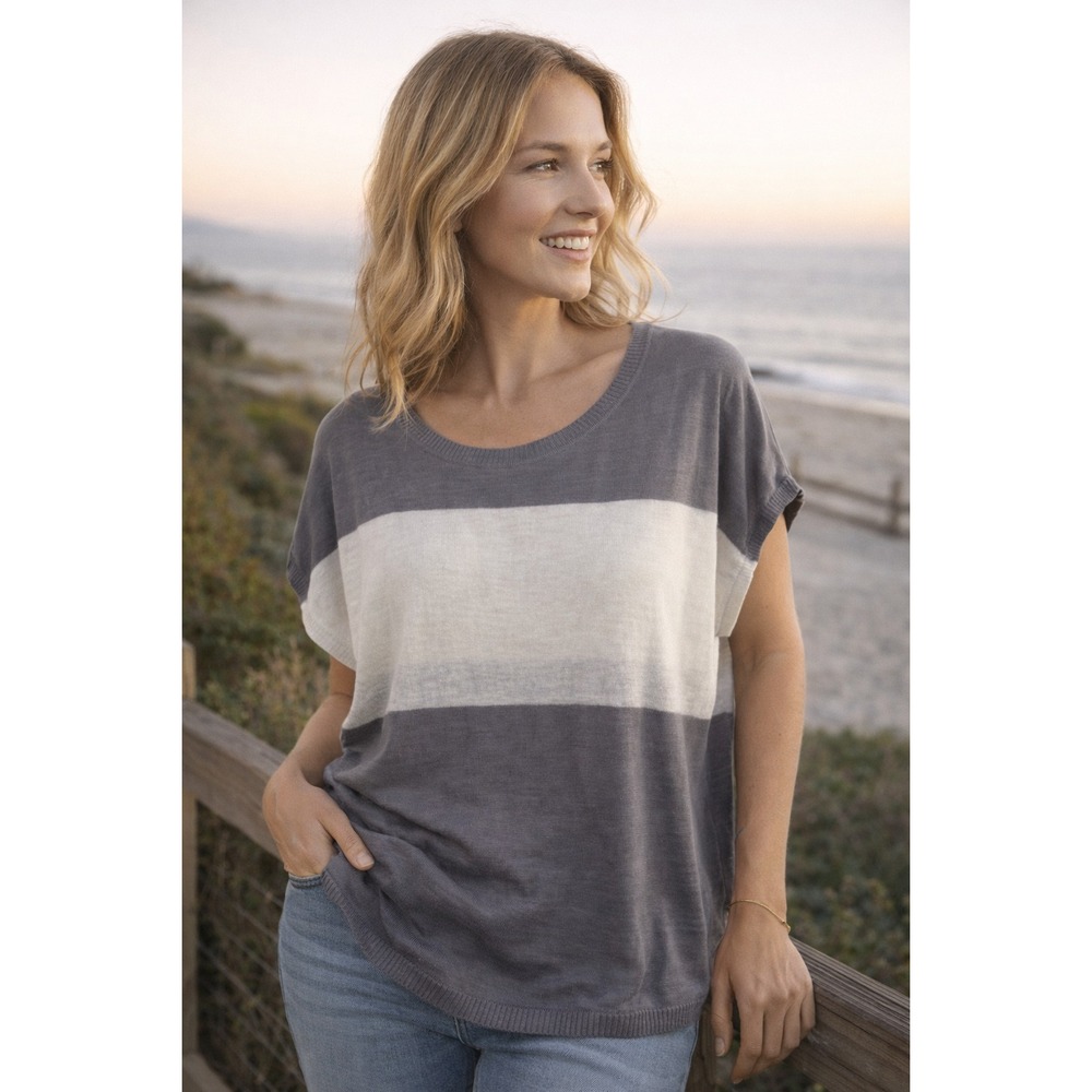 Women Sweater Medium Knit Short Sleeve Light Weight Shirts Grey Honey Punch